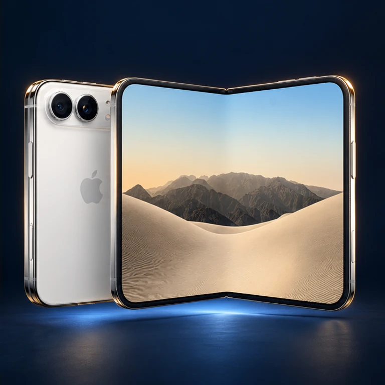 ภาพคอนเซ็ปต์ iPhone duo สีเงิน พร้อมหน้าจอพับและโลโก้ Apple