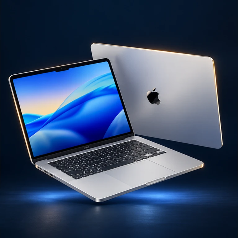 MacBook สีเงินพร้อมหน้าจอสีฟ้าและโลโก้ Apple บนฝาเครื่อง