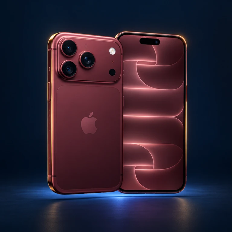 iPhone สีเบอร์กันดี มุมด้านหน้าและด้านหลังพร้อมโลโก้ Apple