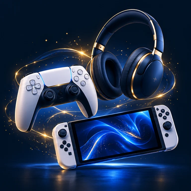 หูฟัง จอยคอนโทรลเลอร์ และเครื่องเล่นเกมพกพา